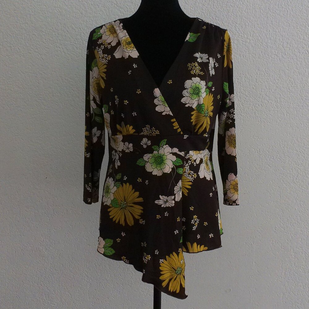 Brown with yellow/white Floral Long Sleeve Blouse, Size: Large